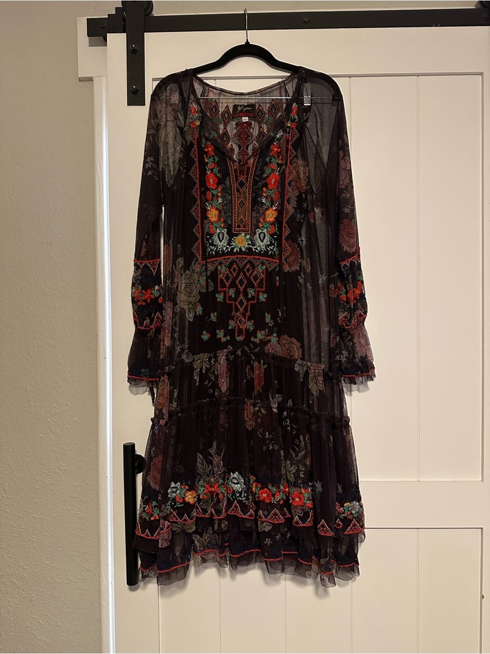 Johnny Was Karasi Mesh Navy Floral Embroidery Tiered Dress - Picture 3 of 8